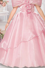 Onion Pink Party Wear Gown With Floral Embellishment For Girls