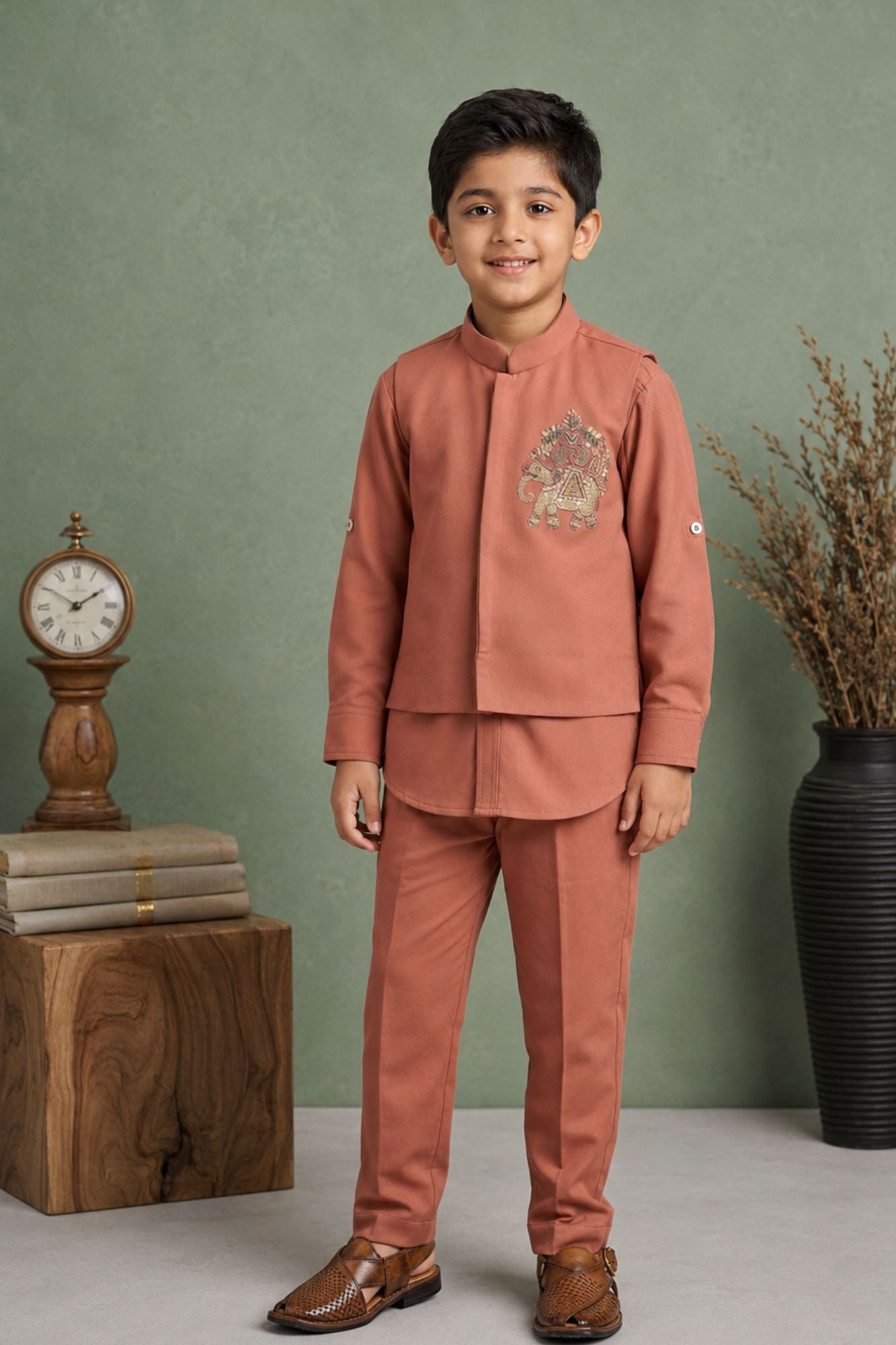 Coral Embroidered Kurta Set With Mandarin Collar For Boys