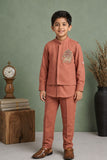 Coral Embroidered Kurta Set With Mandarin Collar For Boys