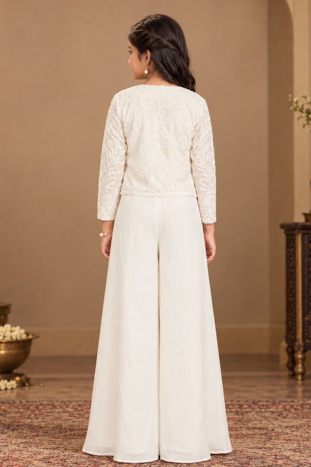 Cream Embroidered Embroidered Palazzo Set With Jacket for Girls