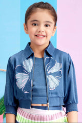 Blue Top With Pleated Skirt Set With Over Coat For Girls