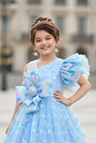 Sky Blue One-Shoulder Bow Party Gown for Girls