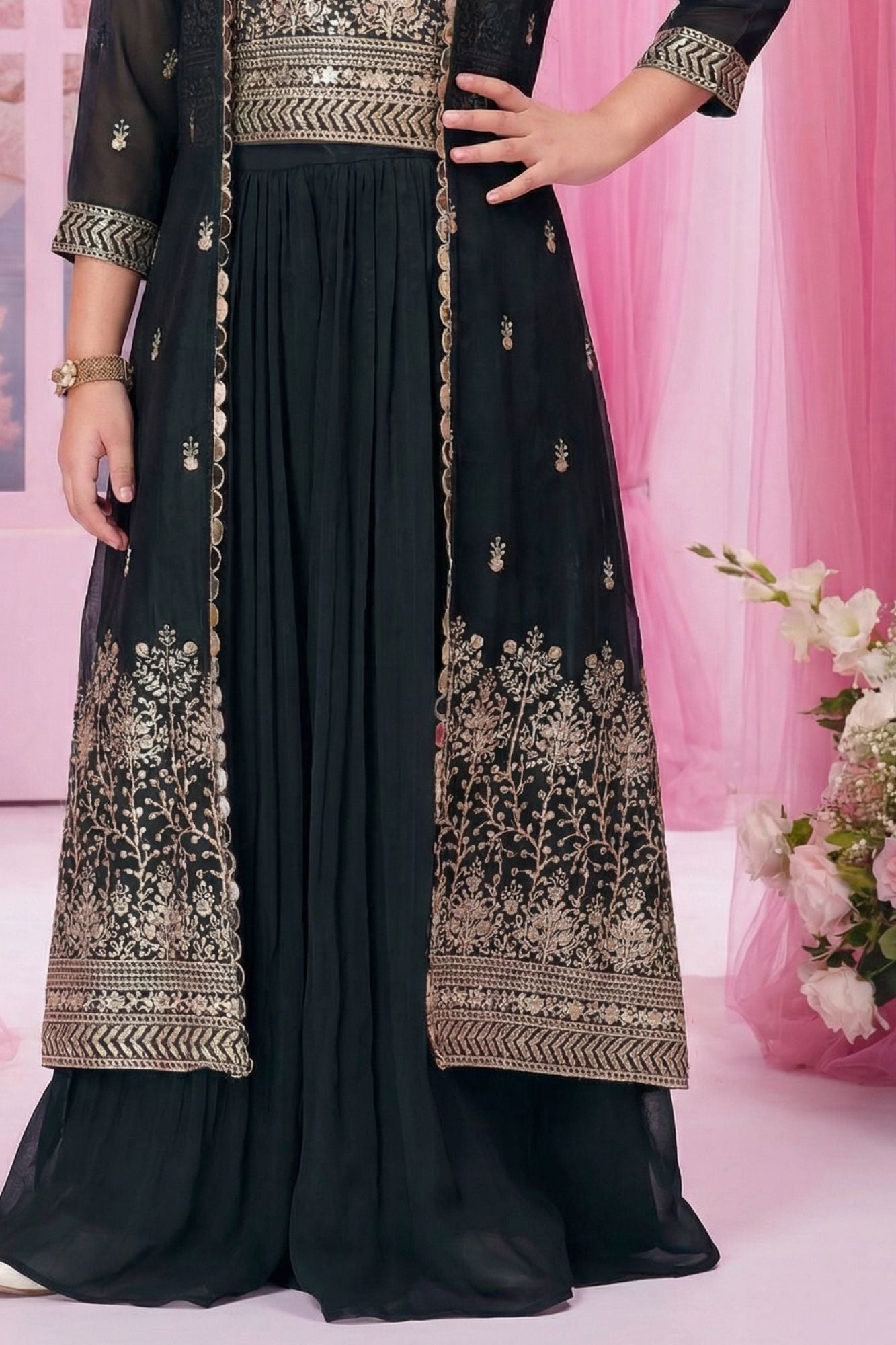 Black Embroidered Palazzo Set with Jacket For Girls