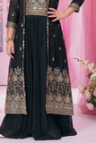 Black Embroidered Palazzo Set with Jacket For Girls