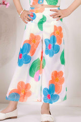 Trendy White Floral Printed Sleeveless Jacket And Pant Co Ord Set For Girls