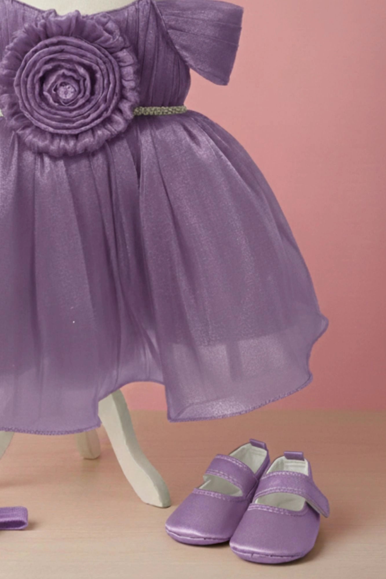 Lavender Party Frock with Pleated Flower Appliqué and Shimmer Finish For Girls