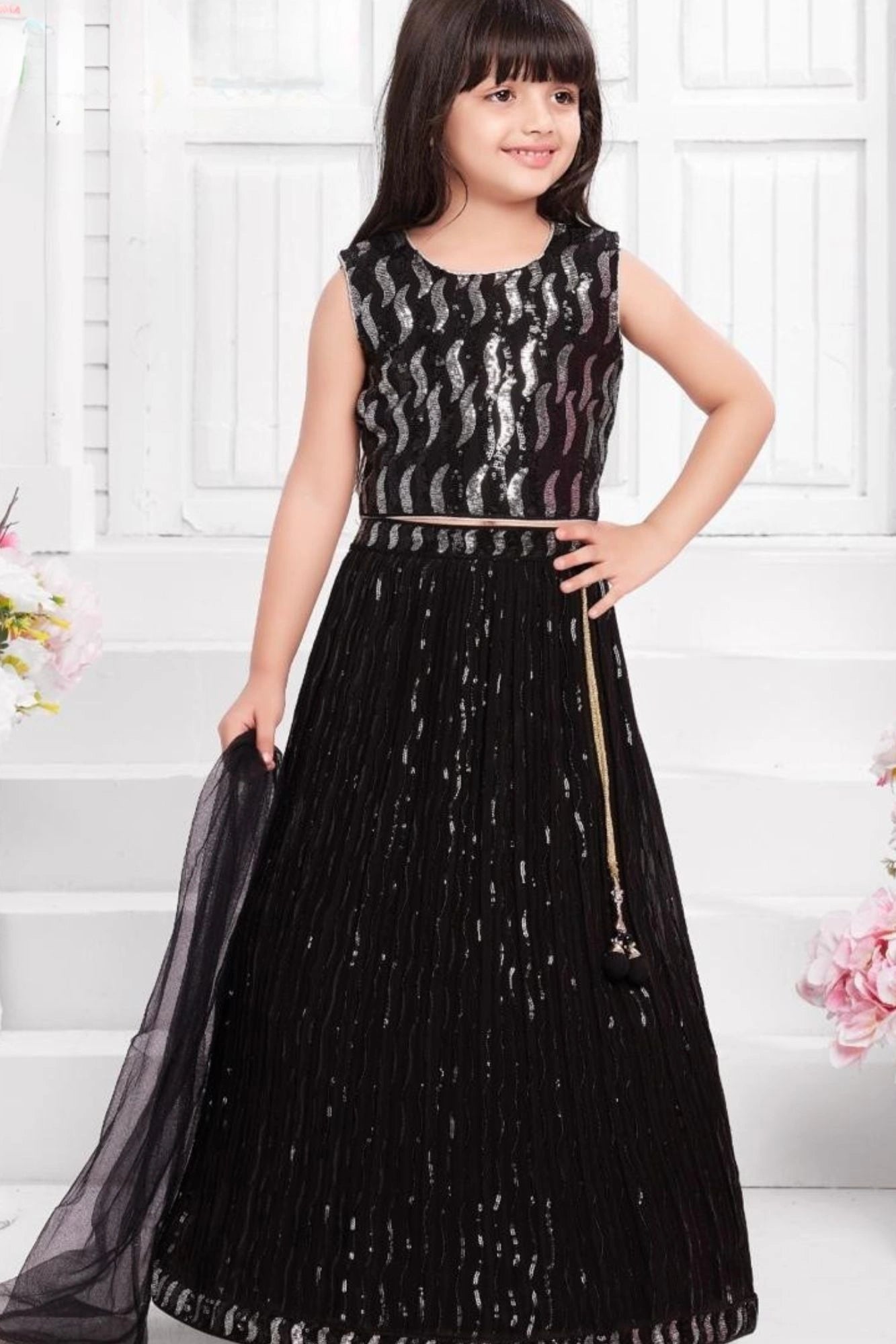 Black Sequin Embellished Lehenga Choli with Dupatta For Girls
