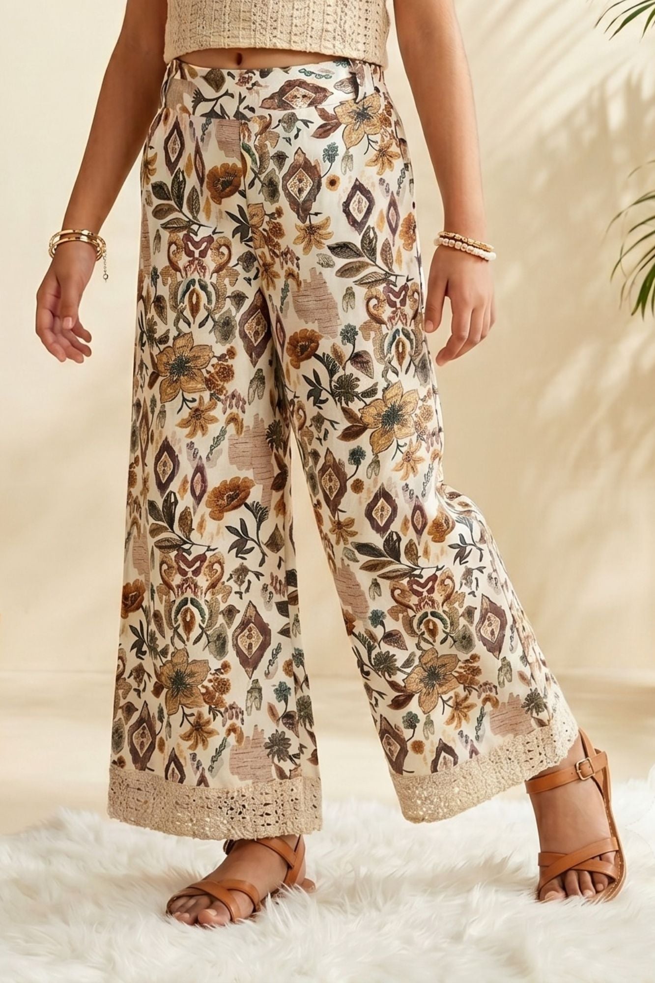 Off White Crochet Top with Beige Floral Printed Wide-Leg Culottes Co-Ord Set for Girls
