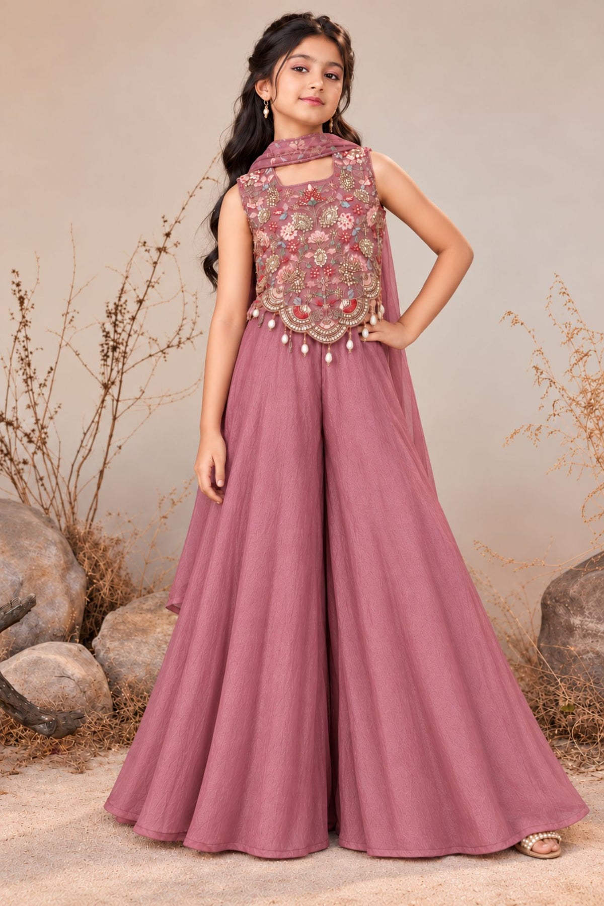Girls Dusty Rose Embroidered Palazzo Set With Dupatta