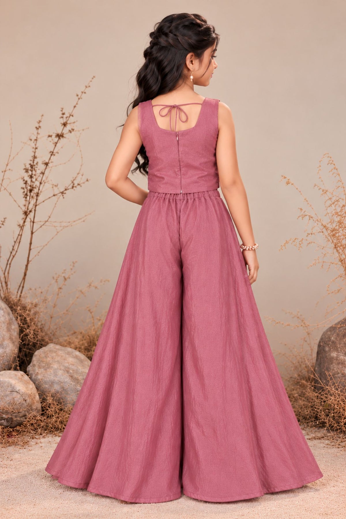 Girls Dusty Rose Embroidered Palazzo Set With Dupatta