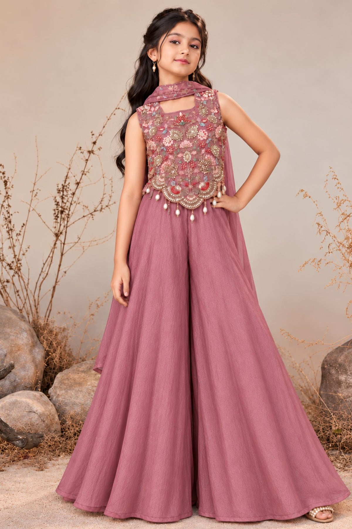Girls Dusty Rose Embroidered Palazzo Set With Dupatta