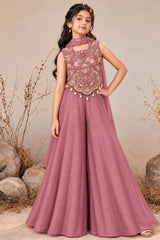 Girls Dusty Rose Embroidered Palazzo Set With Dupatta
