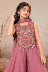 Girls Dusty Rose Embroidered Palazzo Set With Dupatta
