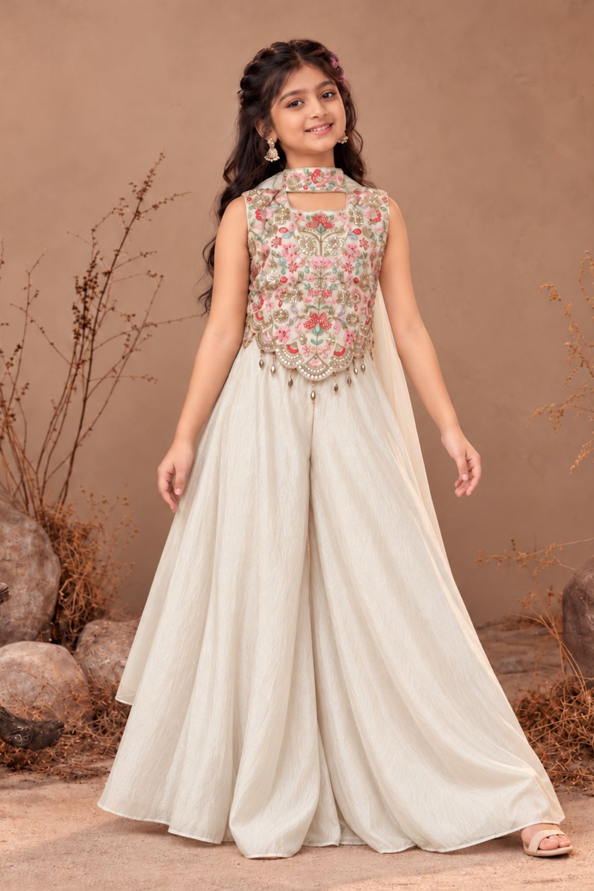 Girls Cream Embroidered Palazzo Set With Dupatta