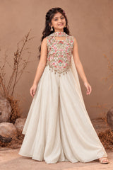 Girls Cream Embroidered Palazzo Set With Dupatta