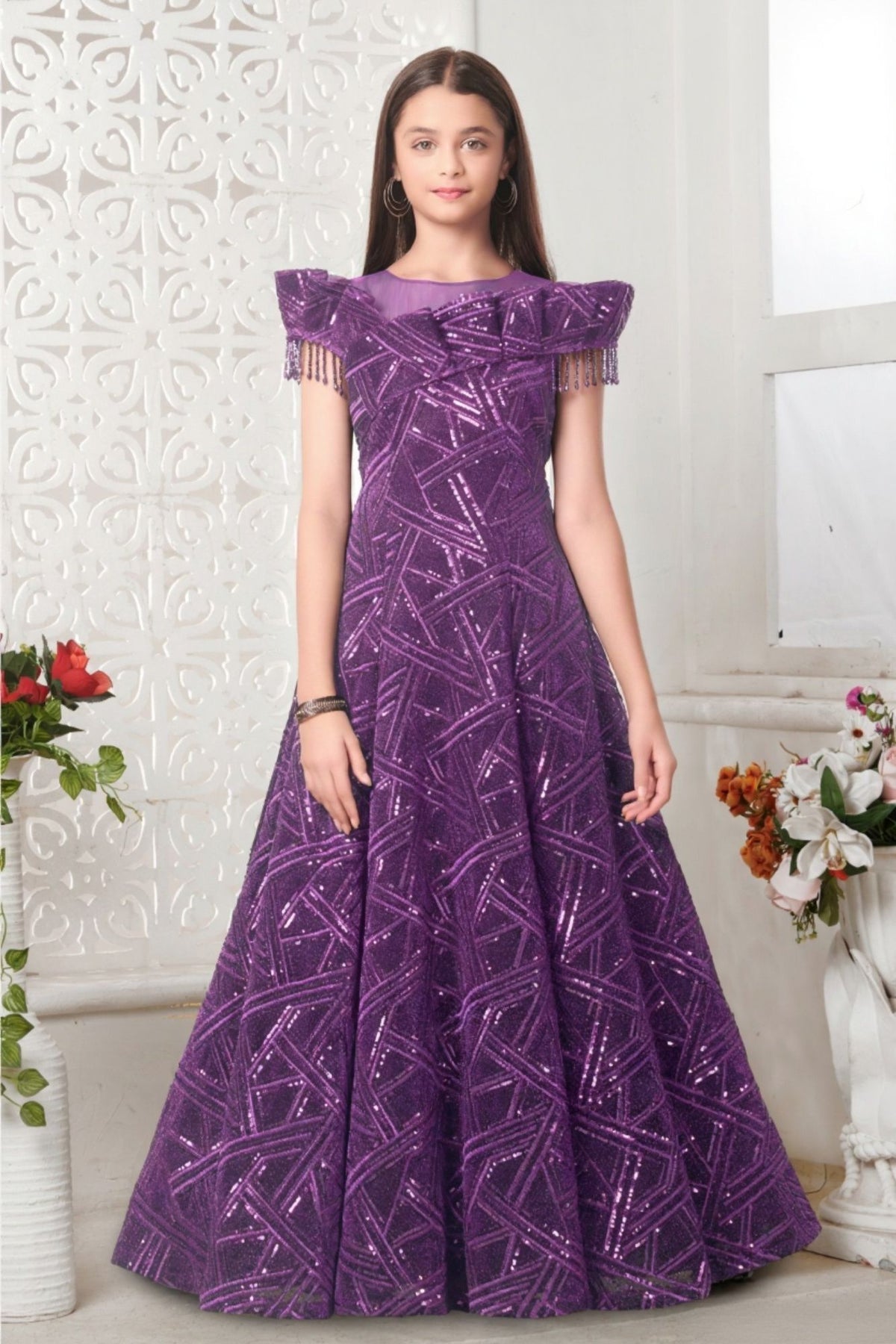 Designer Purple Party Wear Gown with Geometric Sequin Embroidery For Girls