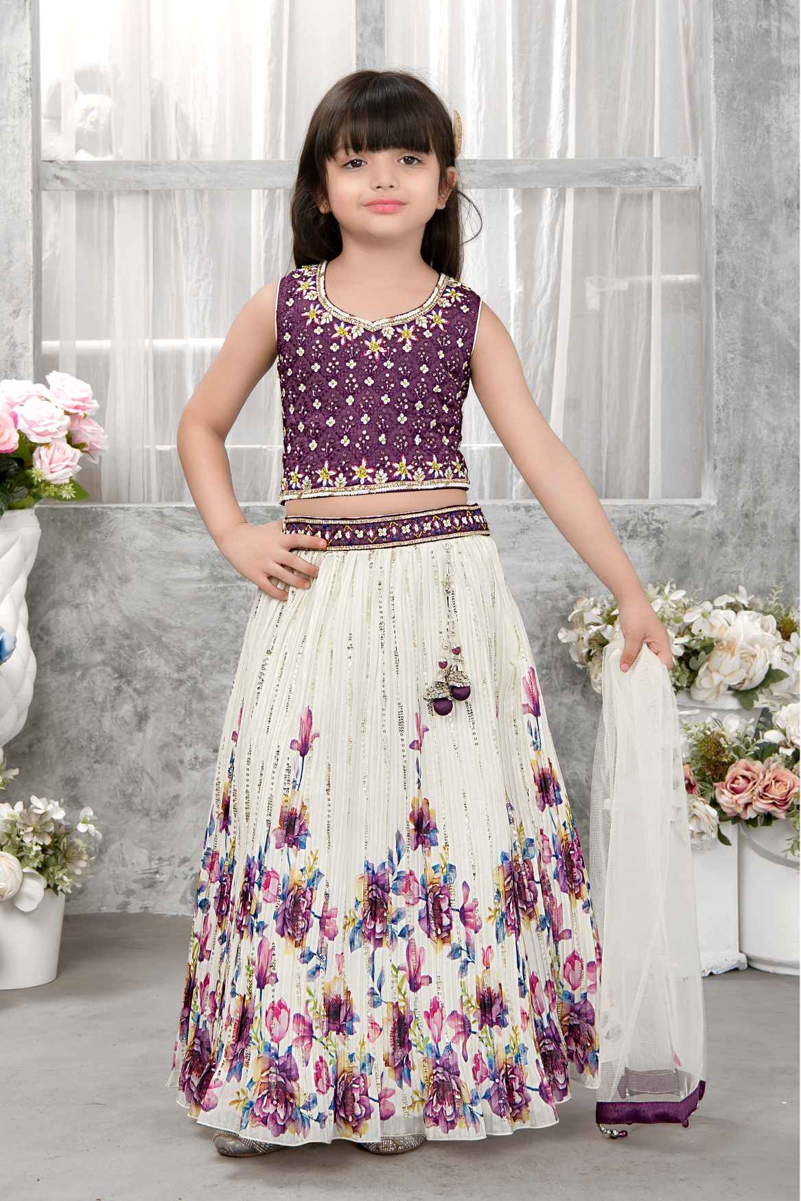 Purple And White Floral Printed Lehenga Choli Set With Sequins Work For Girls