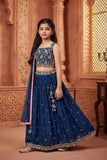 Girls Navy Blue Embroidered Lehenga Choli Set with Net Dupatta