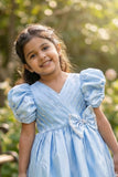 Blue Pleated Satin Party Wear Frock With Puff Sleeves For Girls