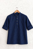 Blue Geometric Thread Embroidered Pure Linen Kurta