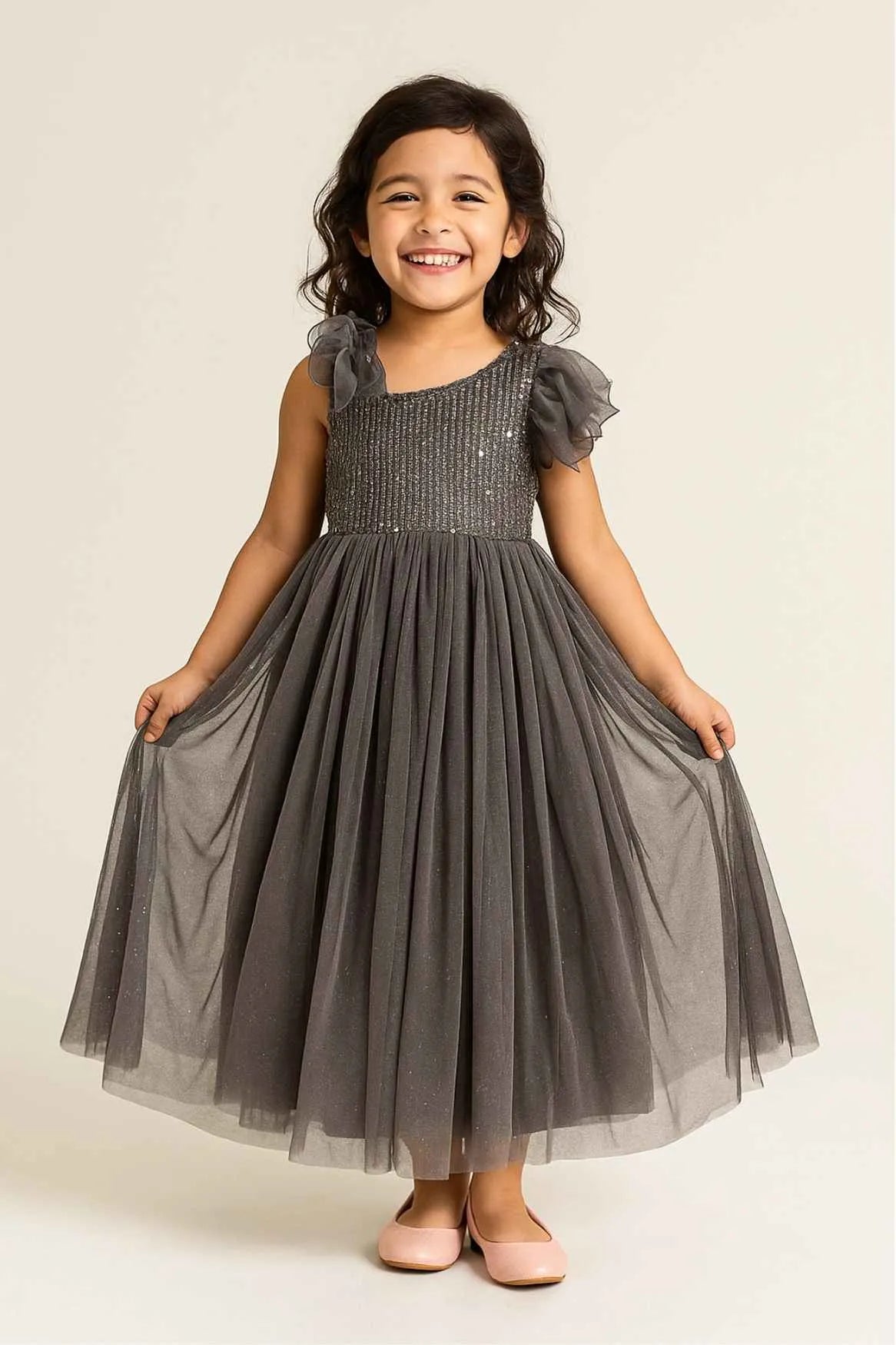 Grey Sequins Embellishment Party Wear Gown For Girls