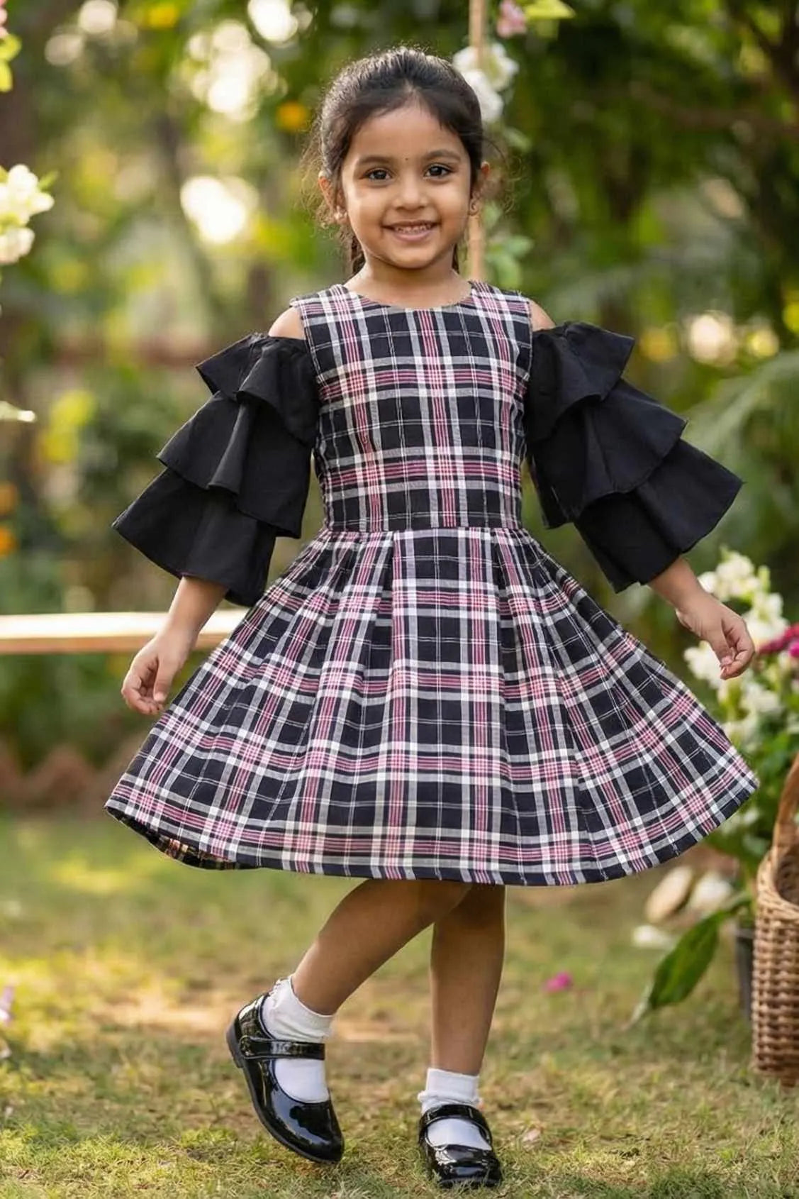 Black Plaid Cold-Shoulder Frock for Girls