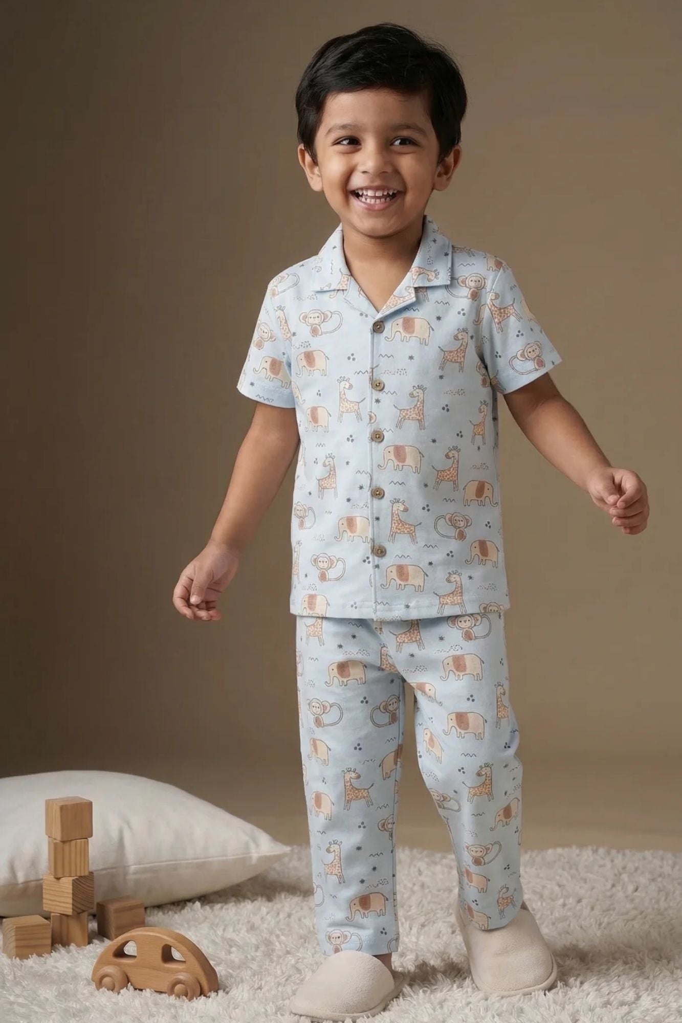 Blue Animal Print Cotton Night Suit Set For Boys