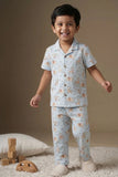 Blue Animal Print Cotton Night Suit Set For Boys