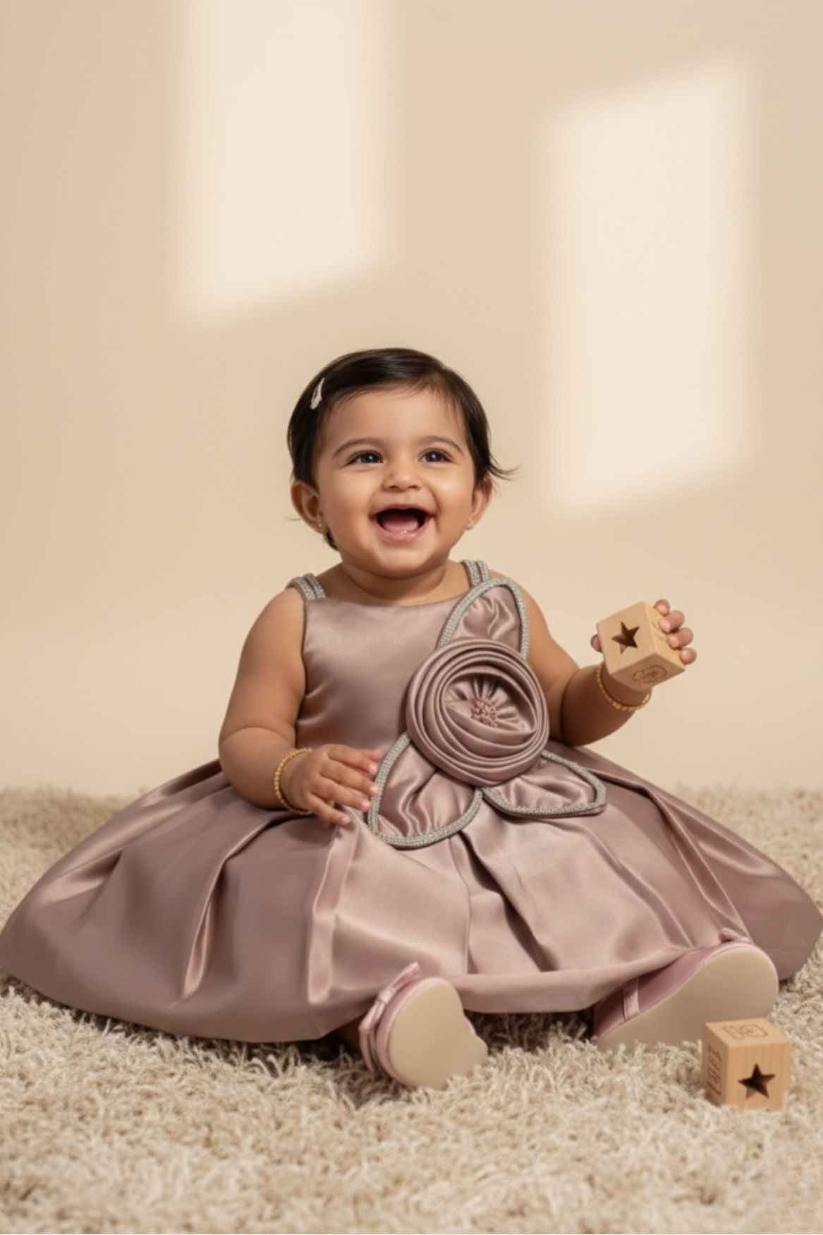 Copper Brown Party Frock with Floral Rosette and Embellished Strap Detailing For Girls