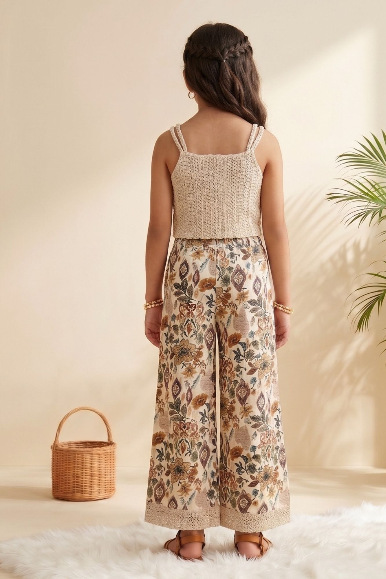 Off White Crochet Top with Beige Floral Printed Wide-Leg Culottes Co-Ord Set for Girls