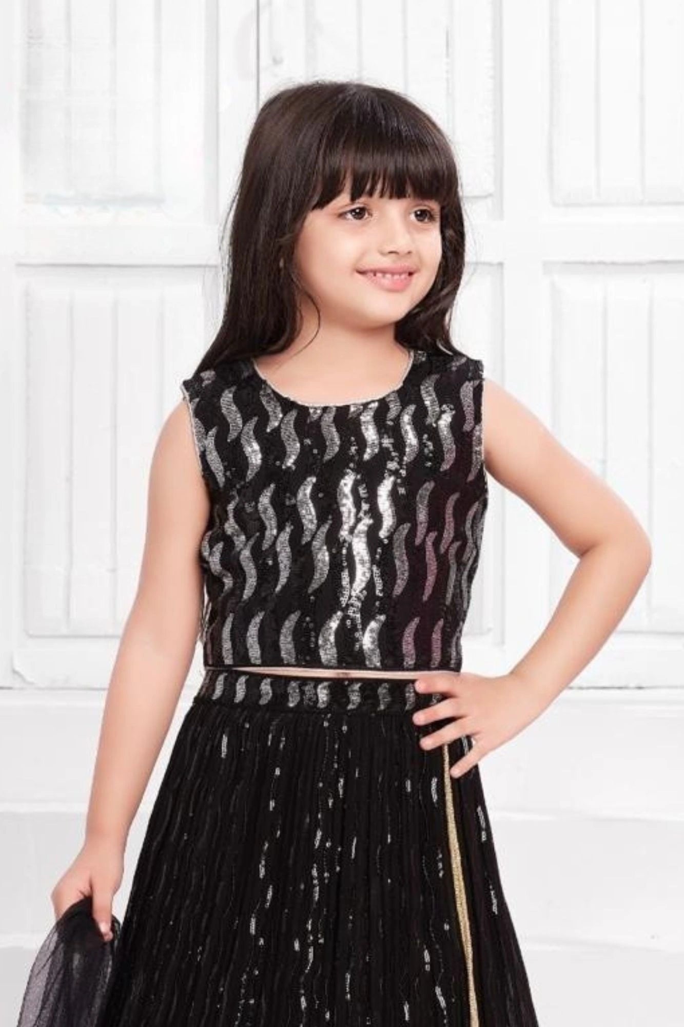 Black Sequin Embellished Lehenga Choli with Dupatta For Girls