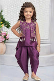 Purple Dhoti Set With Embroidered Kurti And Jacket For Girls