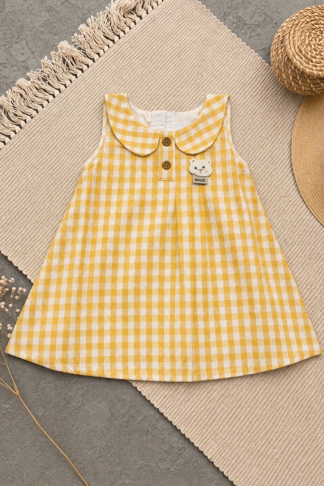 Adorable Girls Yellow Gingham Check Dress with Peter Pan Collar