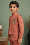 Coral Embroidered Kurta Set With Mandarin Collar For Boys