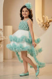Mint Green High-Low Party Wear Tulle Frock with Ruffle Layers For Girls