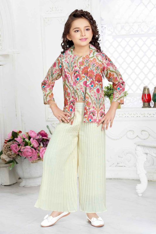 Multicolor Casual Set With Floral Printed Overcoat For Girls