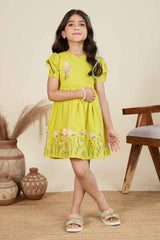 Mustard Cotton Frock With Elegant Floral Embroidery For Girls