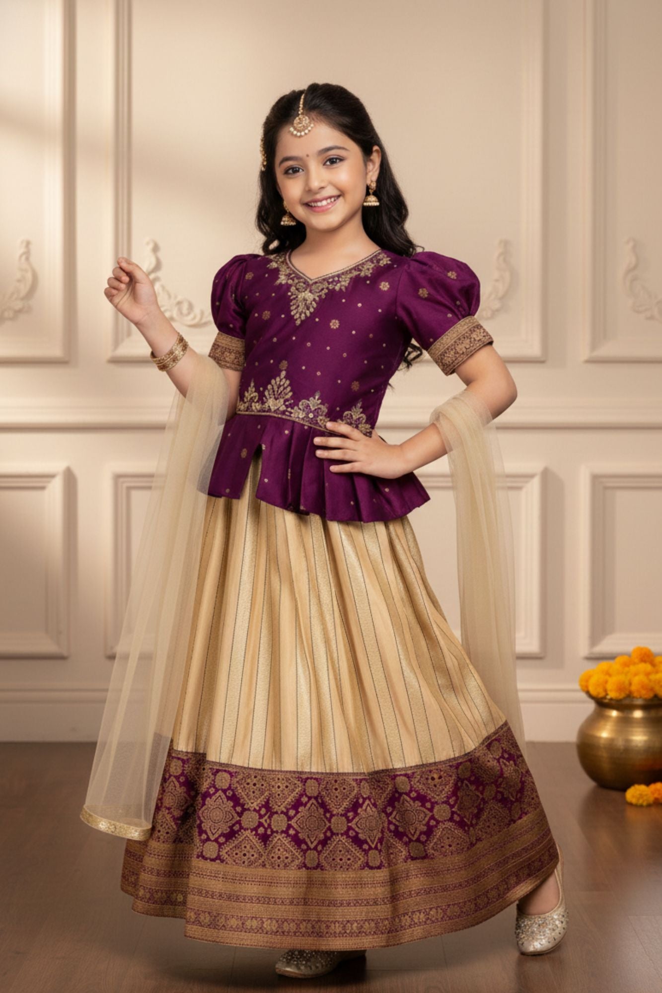 Wine Pattu Pavadai Set with Gold Embroidery For Girls