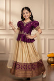 Wine Pattu Pavadai Set with Gold Embroidery For Girls
