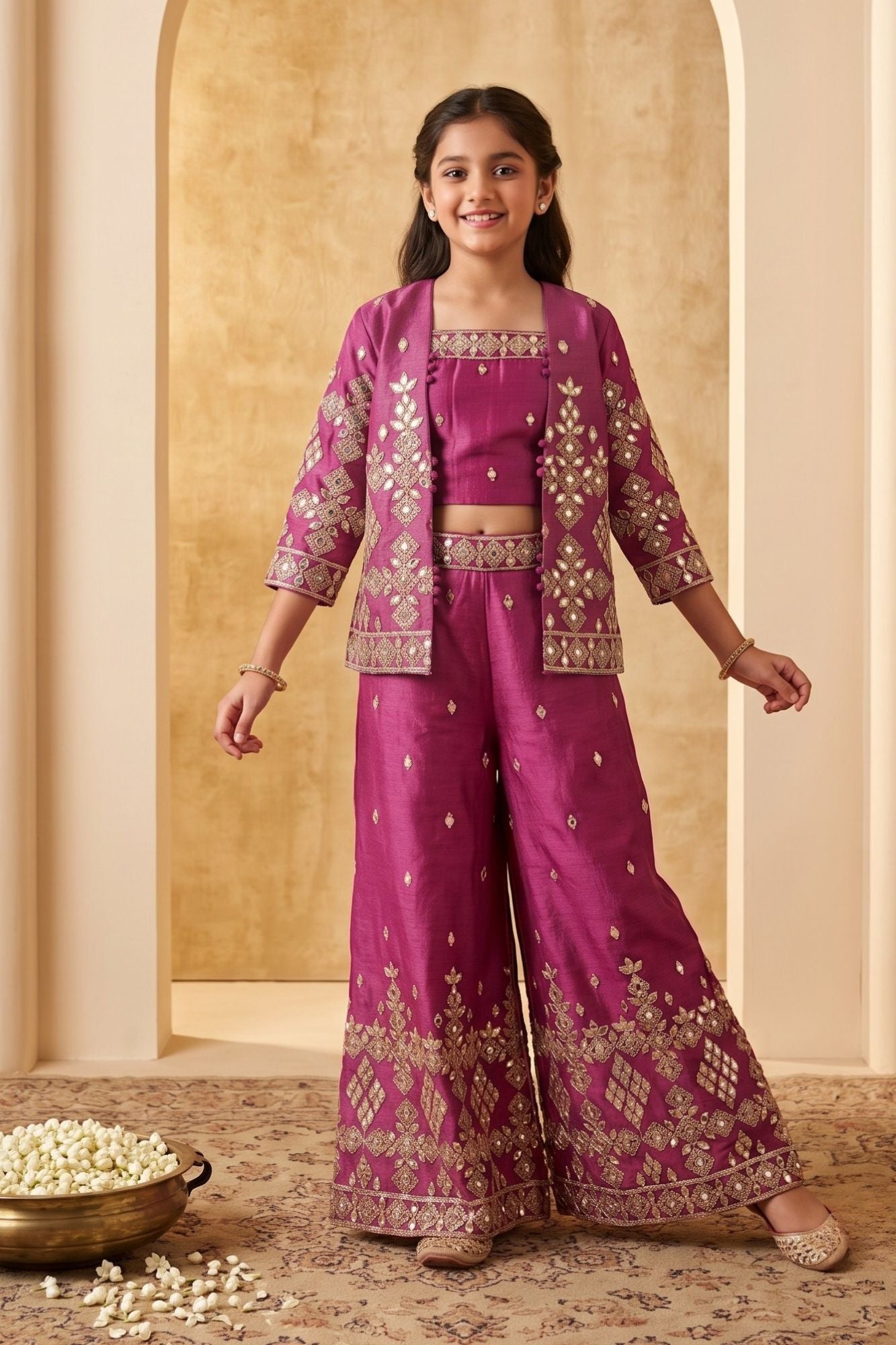 Purple Geometric Diamond Embroidered Crop Top with Jacket and Palazzo Set