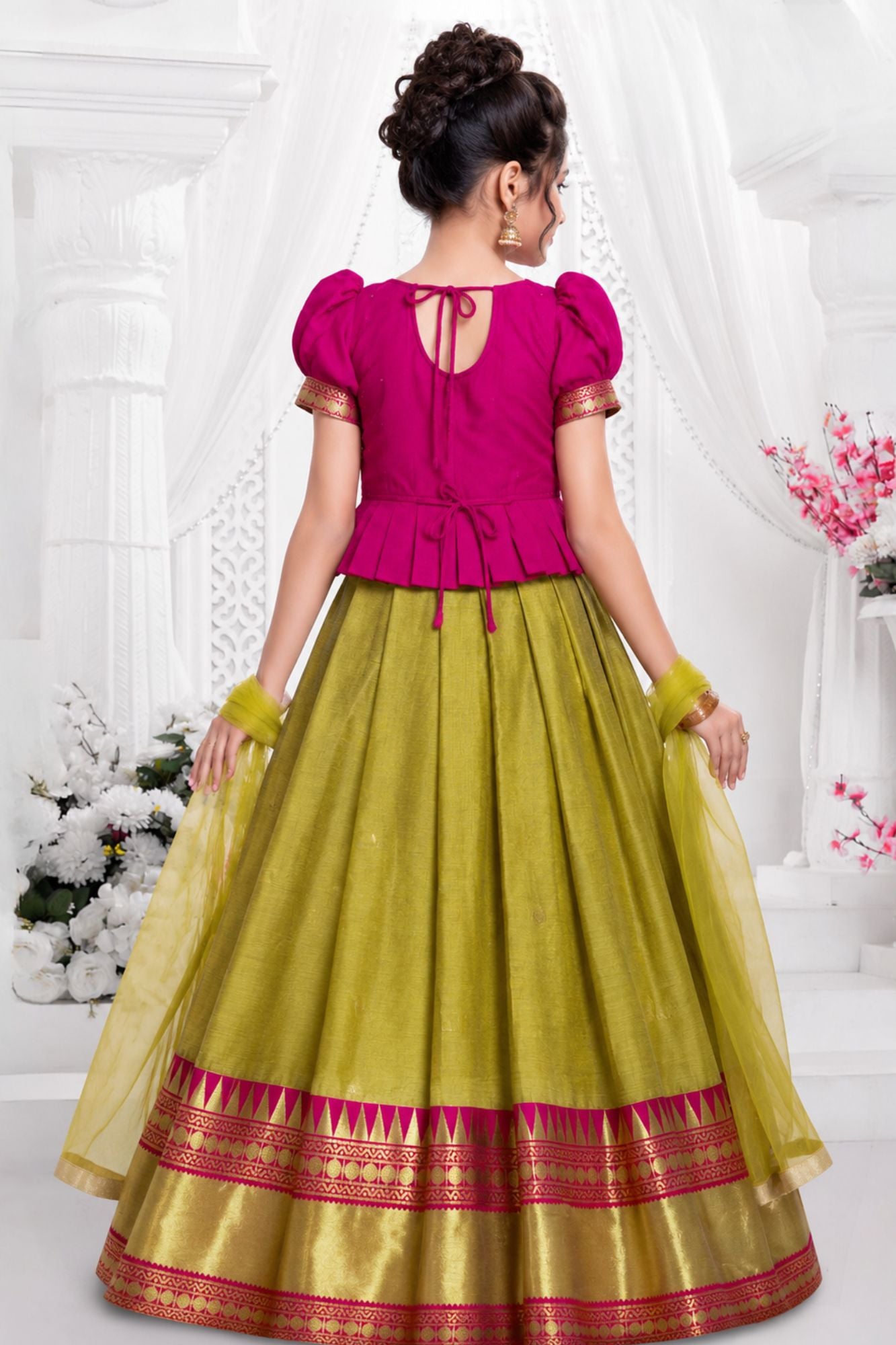 Olive Green And Rani Pink Traditional Pattu Pavadai Set with Dupatta for Girls