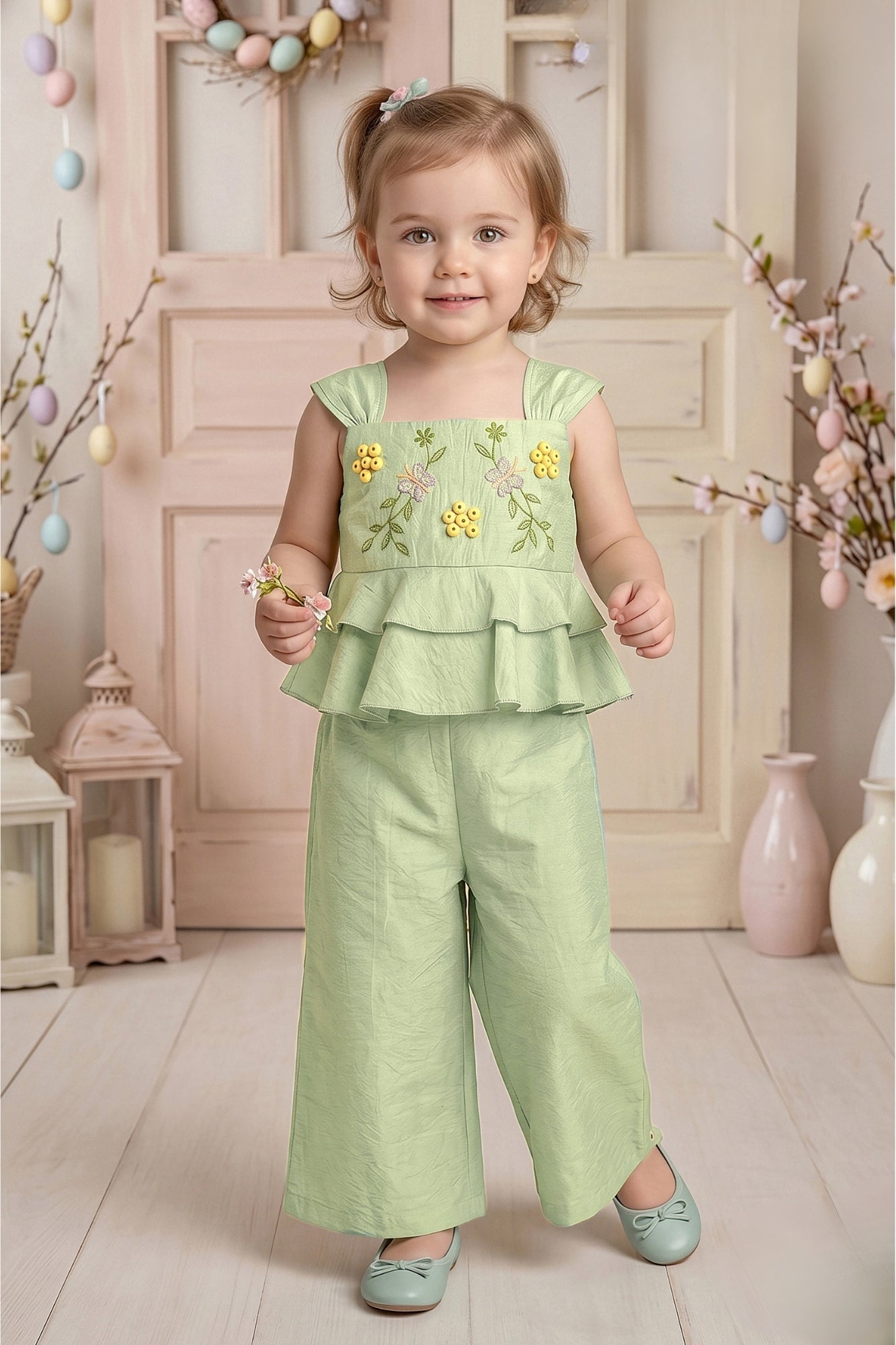 Girls Mint Green Embroidered Peplum Top with Palazzo Pants Co Ord Set