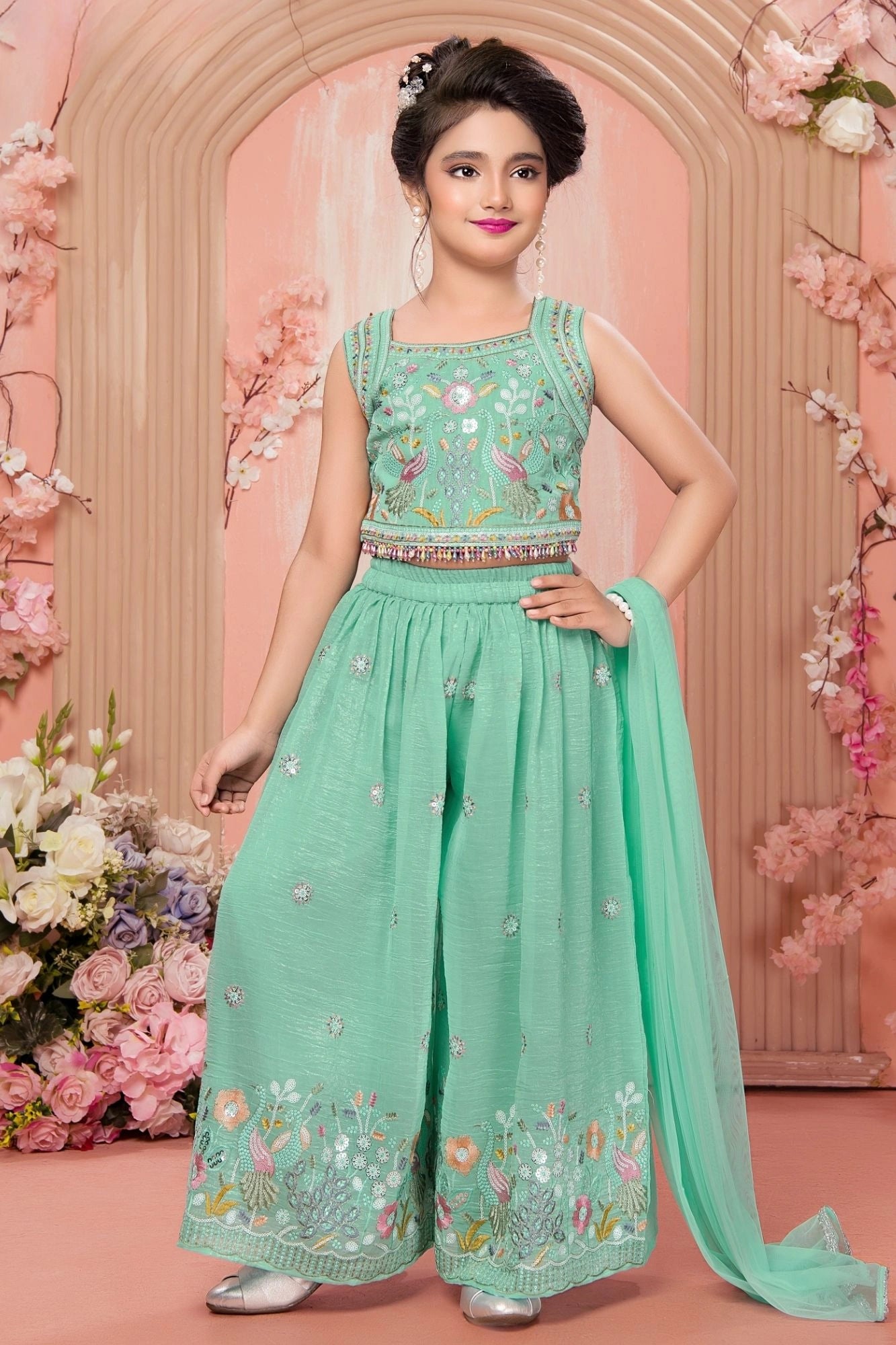 Mint Green Thread Embroidered Palazzo Set For Girls