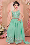 Mint Green Thread Embroidered Palazzo Set For Girls
