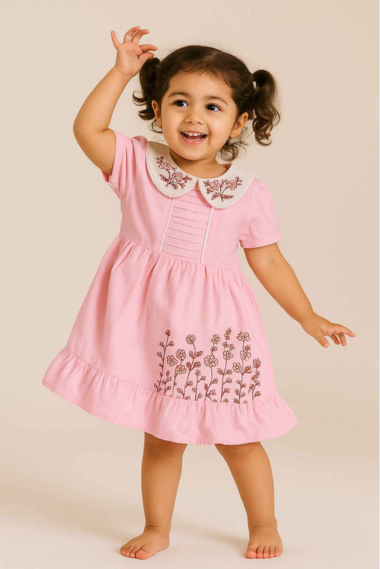 Pink Embroidered Frock With Peter Pan Collar & Ruffled Hem For Girls