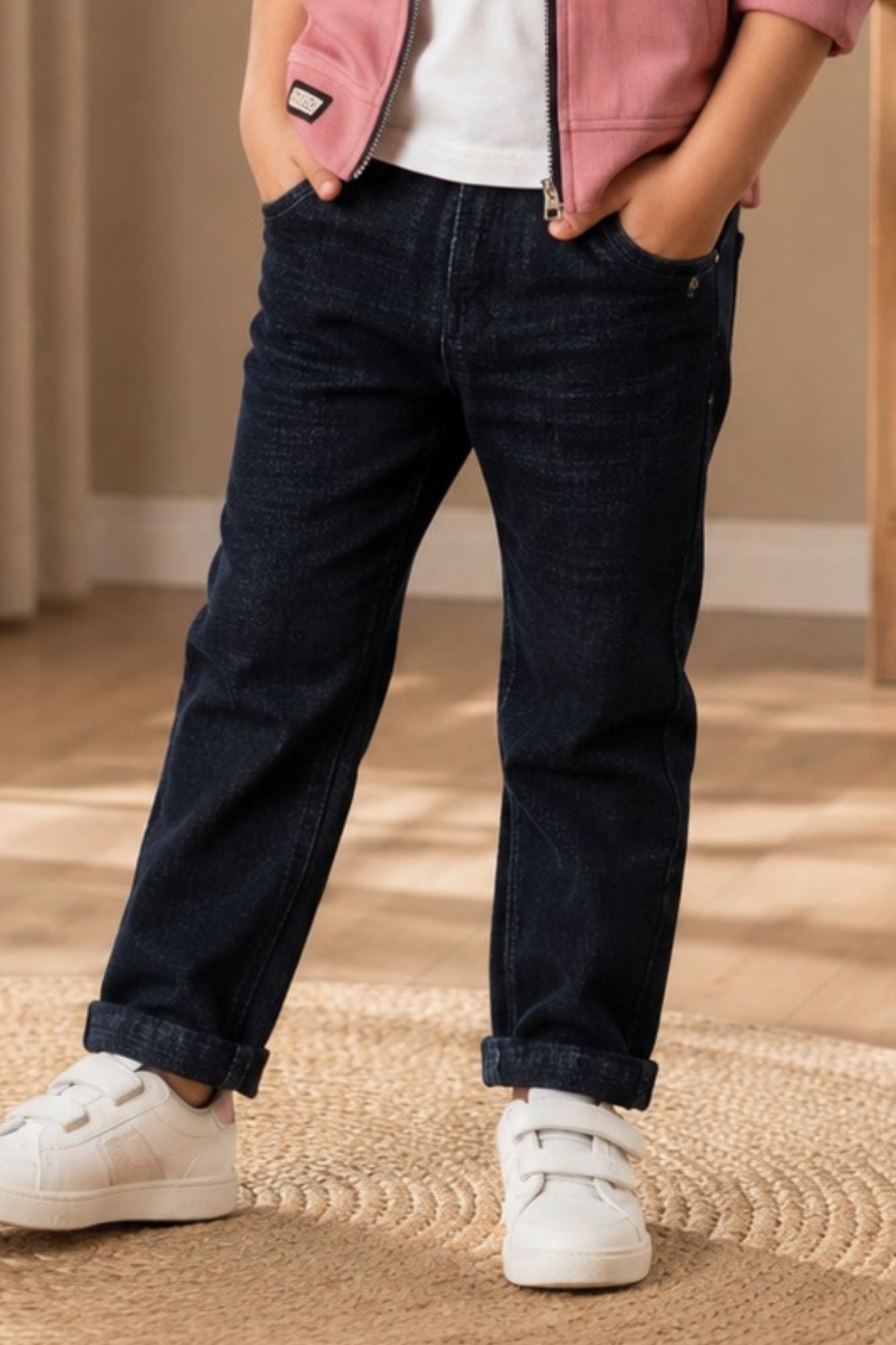 Boys Pink Printed Casual 3-Piece Set with T-Shirt, Jacket and Jeans
