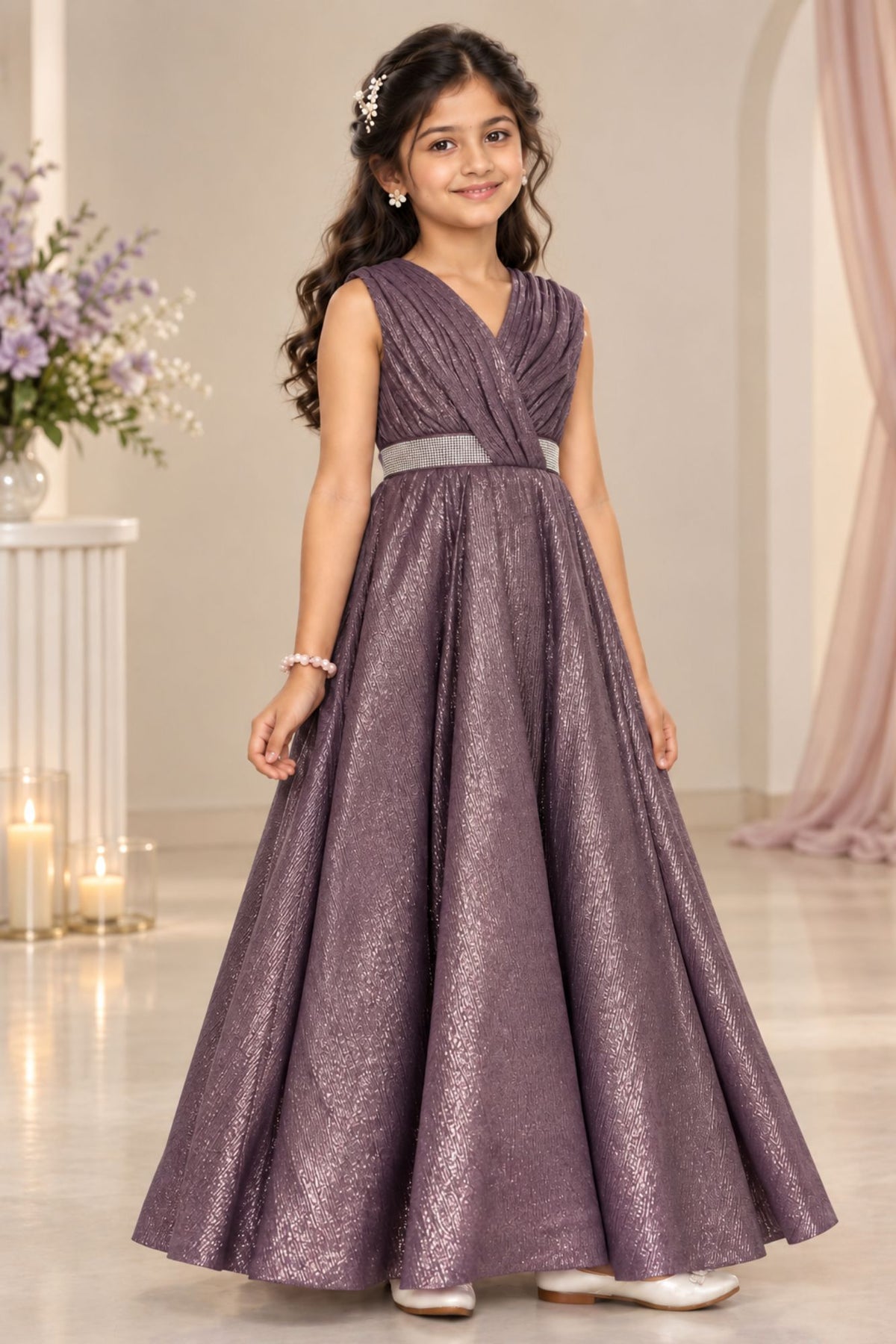 Elegant Sleeveless Wine Shimmer Party Wear Gown For Girls