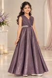 Elegant Sleeveless Wine Shimmer Party Wear Gown For Girls