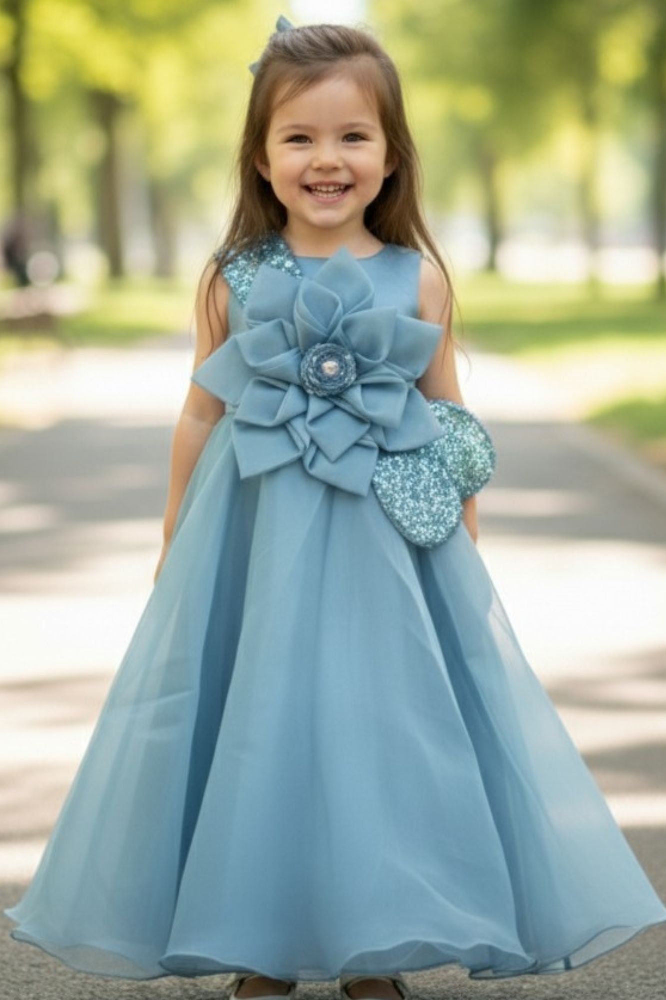 Blue Party Wear Gown with Oversized Floral Appliqué and Glitter Accent For Girls