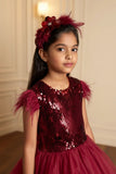 Girls Wine Red High-Low Sequin Party Wear Frock with Layered Net Ruffles
